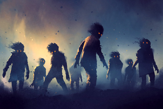 halloween concept of zombie crowd walking at night