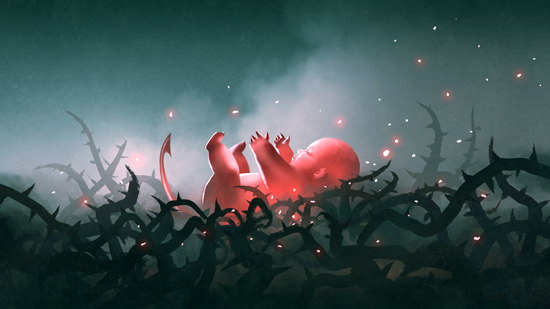 The Red Newborn Baby Laying in Thorn Branches