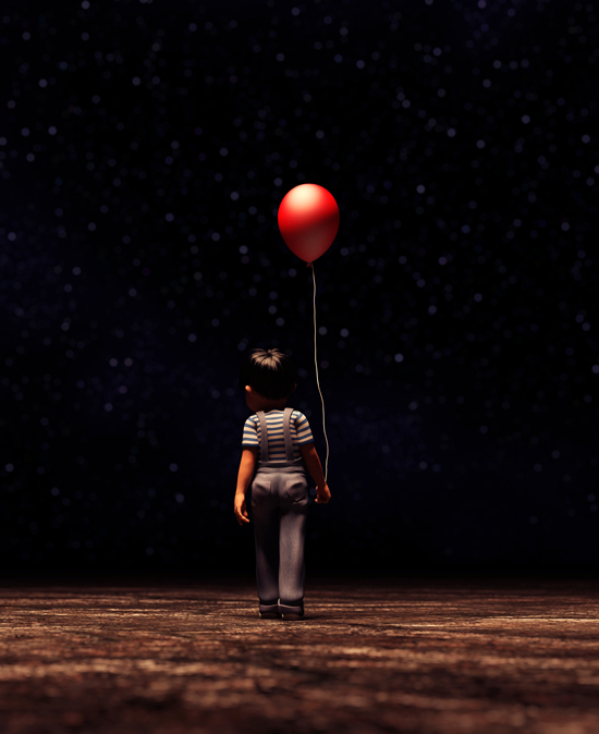 Boy with Red Balloon in the Dark