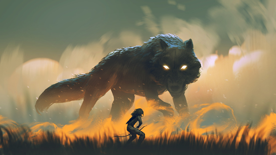 Hunter with a Bow Facing a Giant Olf in the Fire Meadow