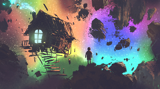 Night Scenery of the Boy and a House in a Strange Place