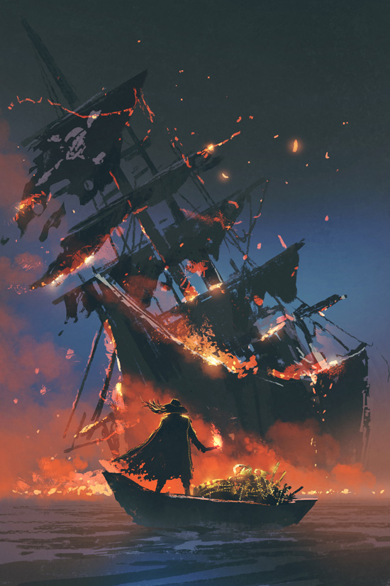 The Pirate with Burning Torch Standing on Boat with Treasure
